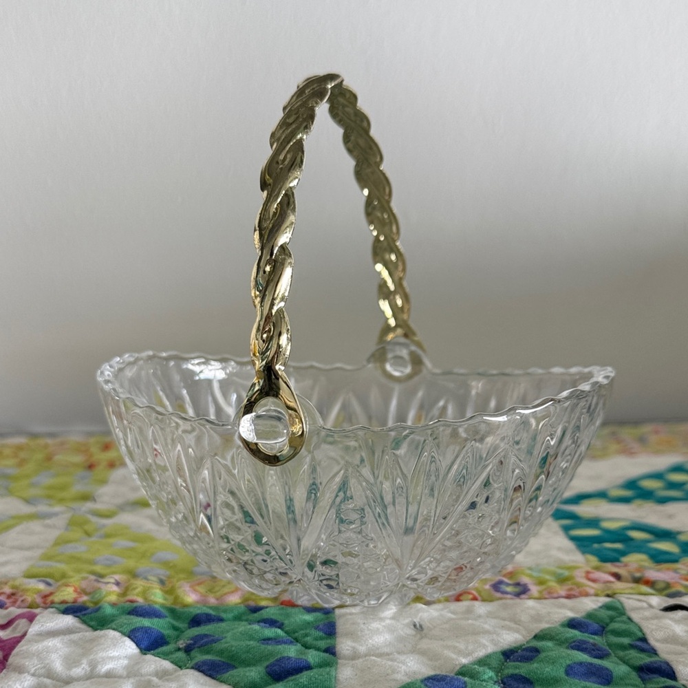 MIKASA Elegant Crystal Glass Candy Dish Basket with Gold Handle